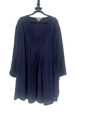 Woman Within Navy Button Front Tunic Blouse 5X Crochet Lace Trim Boho Rayon